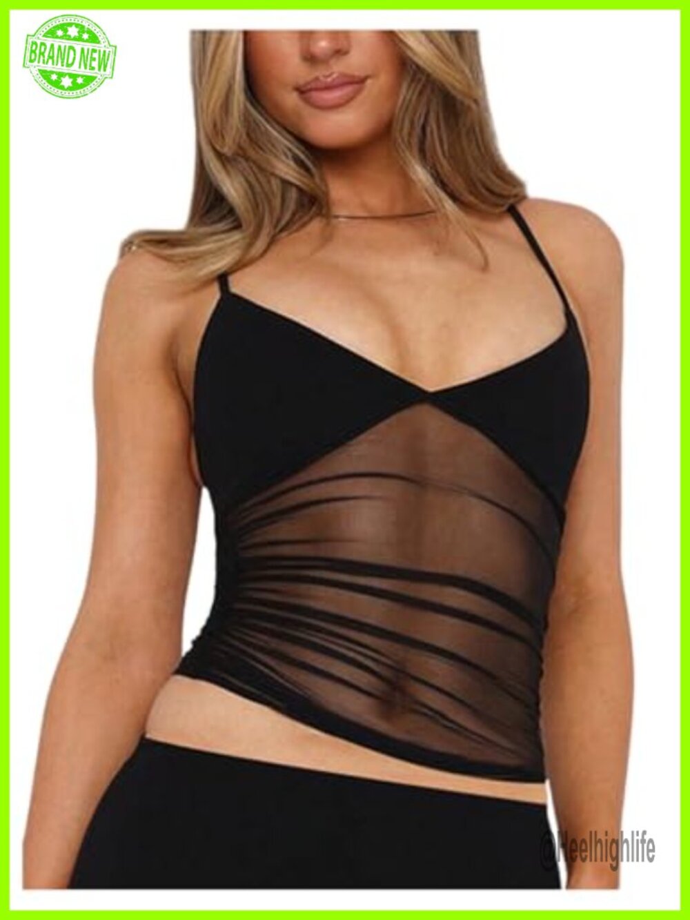 Sheer Mesh Polka Dot Ruched Crop Top Sleeveless V-Neck Women's Summer Cami